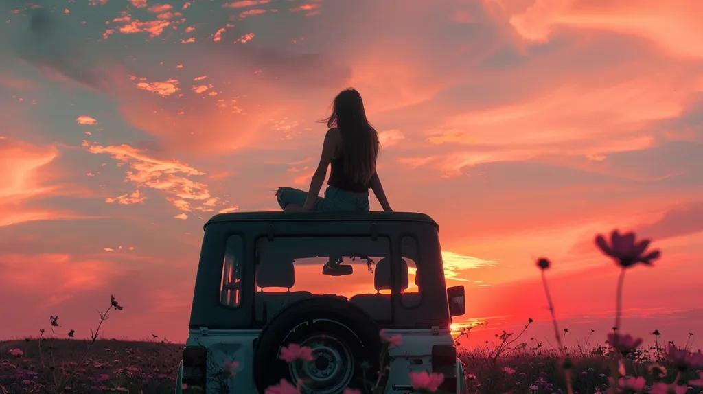 A young woman sits on the back of a jeep, silhouetted against a vibrant sunset. The sky is awash with warm hues of orange, pink, and red, creating a breathtaking backdrop. The setting sun casts long shadows across the landscape, and a field of wildflowers adds a touch of beauty to the scene. The image captures a sense of freedom and tranquility, as the woman enjoys the peaceful moment.
