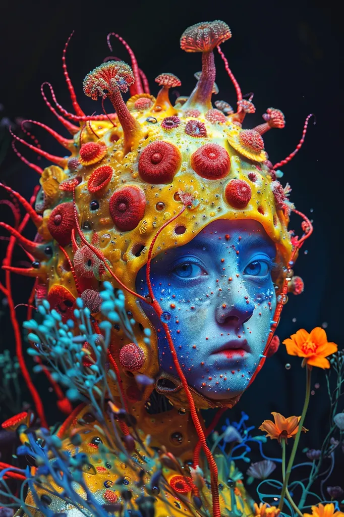 A person with blue skin and bright blue eyes wears a crown of bright yellow, red and orange coral-like structures, and has intricate red vines extending from the crown down to their shoulders. They are surrounded by vibrant blue flowers, and an orange flower blooms in the background.  The image is dark and mysterious, with a hint of fantasy.