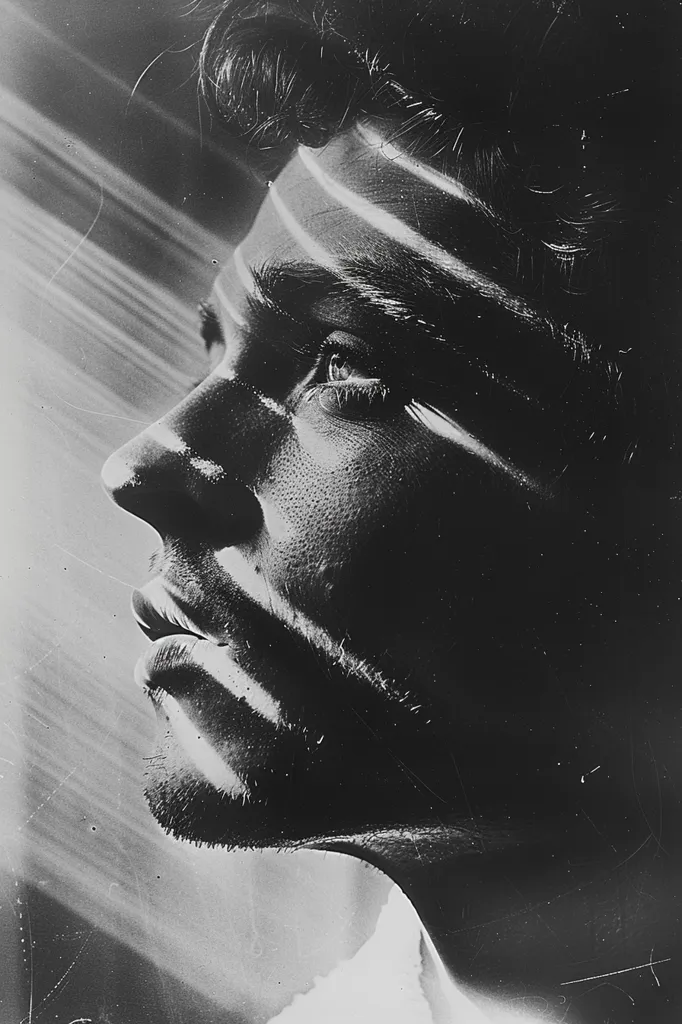 The black and white image shows a man's face in profile. He looks up and to the right, his eyes closed, with streaks of light across his face and the background. His jawline is defined, and the photo is slightly grainy. The image is a portrait with a stark contrast between light and dark.