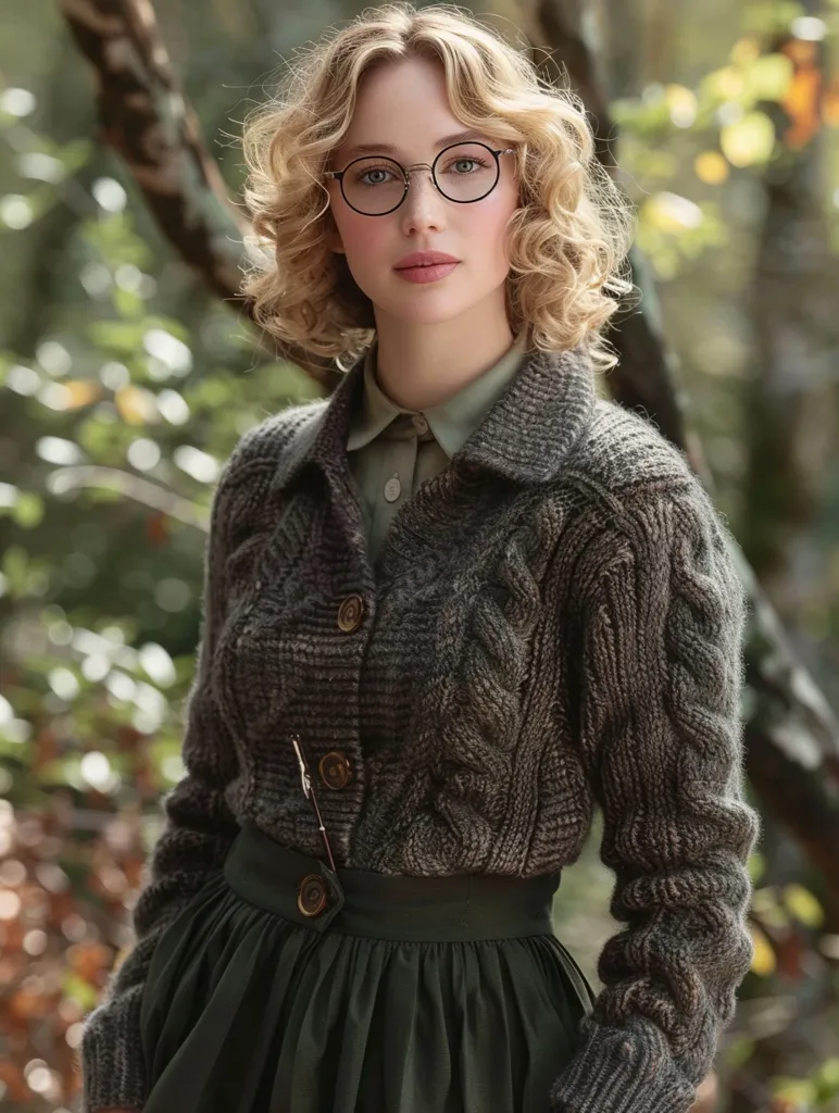 A young woman with blonde curly hair and round glasses, wearing a thick brown knitted cardigan and a dark green skirt, stands in a forest with blurred greenery in the background. The sunlight illuminates her face, creating a warm and inviting atmosphere.  She gazes directly at the viewer with a calm and thoughtful expression.  Her outfit and the natural setting evoke a sense of timeless elegance and quiet contemplation.