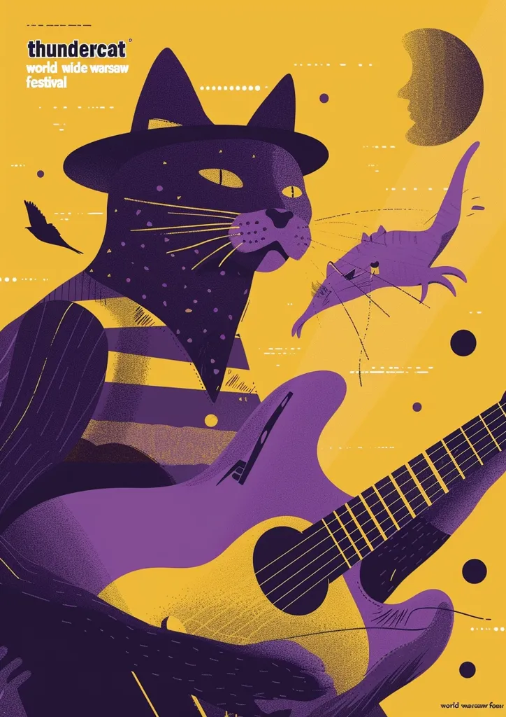 The image is a poster for the Thundercat World Wide Warsaw Festival. It features a stylized black cat wearing a hat and a striped shirt, playing a purple and yellow guitar. A crescent moon and a small animal are in the background, all on a yellow backdrop.  The poster is visually striking with its bold colors and geometric shapes.