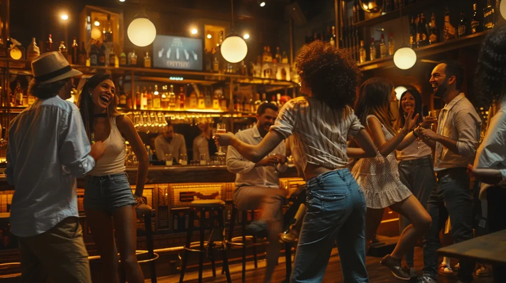 A group of friends are enjoying a night out at a dimly lit bar. The bar is filled with warm lighting and the patrons are dressed casually. A man and woman are dancing and laughing together, while other couples chat and sip drinks. The atmosphere is relaxed and festive, suggesting a fun night out with friends.