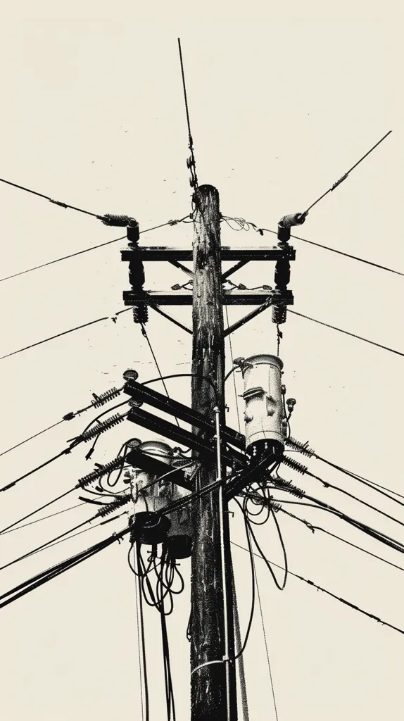 A black and white image of a utility pole with a transformer attached. The pole is surrounded by a complex network of wires and cables, stretching out in all directions. The image is shot from a low angle, giving the viewer a sense of looking up at the pole. The background is a light cream color. The image is simple yet effective in its depiction of the intricate workings of the electric grid.