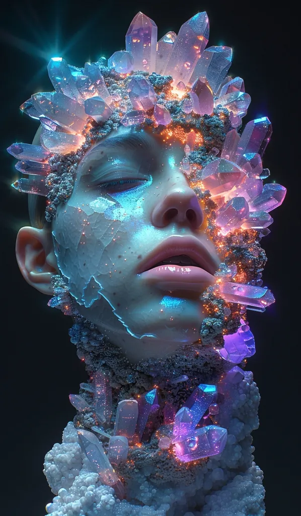 A face is partially obscured by a crown of sparkling, iridescent crystals, which appear to be growing from the skin. The crystals are various shades of purple, blue, and pink, and they emit a soft glow. The face is pale and luminous, with closed eyes and a serene expression. The image is full of ethereal beauty, evoking a sense of wonder and mystery.