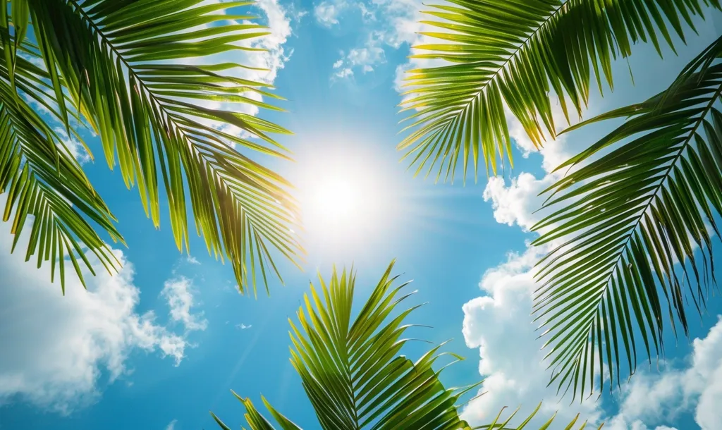 The image shows a bright blue sky with fluffy white clouds. Palm tree leaves frame the image, reaching up towards the sun, which shines brightly in the center of the frame. The scene evokes feelings of warmth, tranquility, and relaxation.