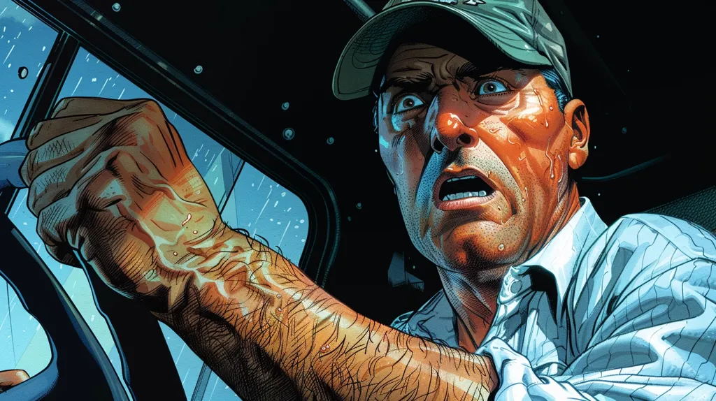 A man in a blue collared shirt and a baseball cap is driving a car. He looks terrified with a wide-open mouth. He is gripping the steering wheel with his right hand and the other hand is out of frame. Rain is falling outside the car window. His face and hand appear sweaty, suggesting high stress.  The image is drawn in a comic book style with detailed lines and shading.