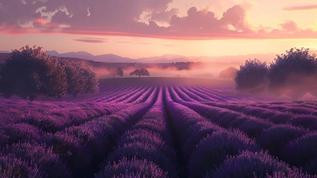 A field of lavender blossoms stretches out towards the horizon. The rows of purple flowers are illuminated by the warm glow of a setting sun. A thin layer of fog clings to the ground, adding a touch of mystery to the scene. The sky is a soft pink and orange, with fluffy clouds adding depth and dimension. The image evokes a sense of tranquility and peace.