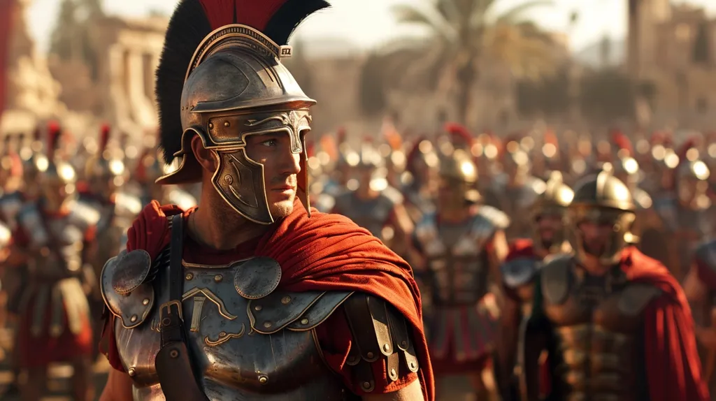 A Roman soldier stands in the front of a large legion, his face partially obscured by his helmet. The focus is on him, as the other soldiers behind him are blurred out. He wears a red cape and full armor, with a serious expression on his face. The scene evokes a sense of strength and discipline.