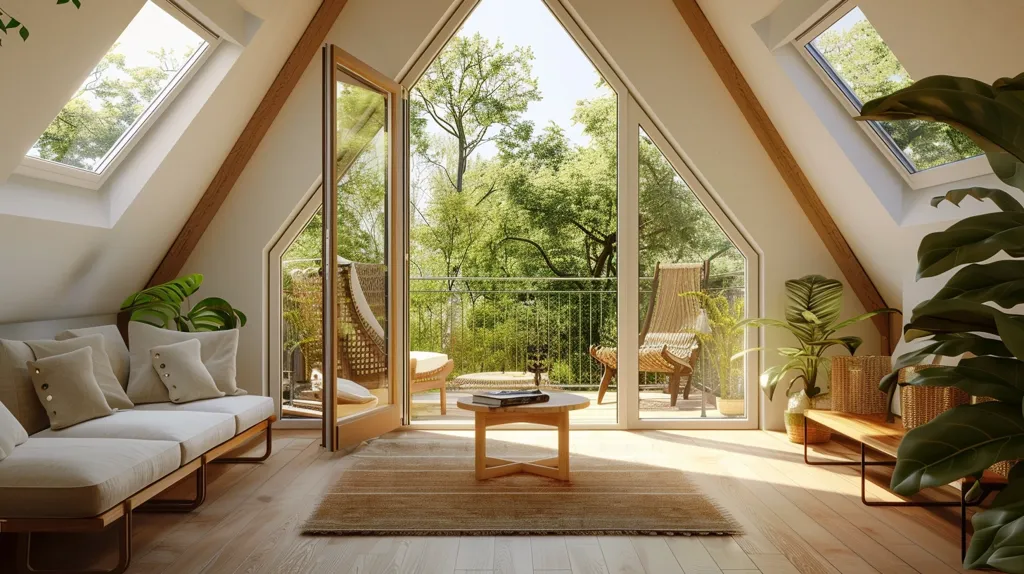 A modern, minimalist living room with large windows showcasing a lush green forest. The room features a comfortable white couch with pillows, a wooden coffee table, and a large potted plant. The natural light streaming through the windows creates a bright and airy atmosphere. The room has a relaxed and welcoming feel, with a focus on natural elements and simplicity.