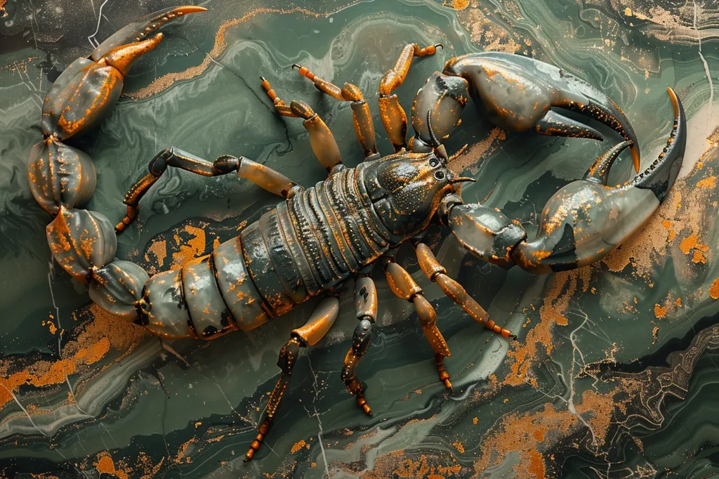 A scorpion with a metallic, gold and grey exoskeleton is perched on a green and gold swirling background. The scorpion’s segmented body, pincers and tail are clearly visible, highlighting the intricate details of the creature. Its eight legs are spread out, giving the impression of movement. The background is a swirling pattern of green and gold, resembling marble. The colors and textures of the scorpion and background create a striking visual contrast.