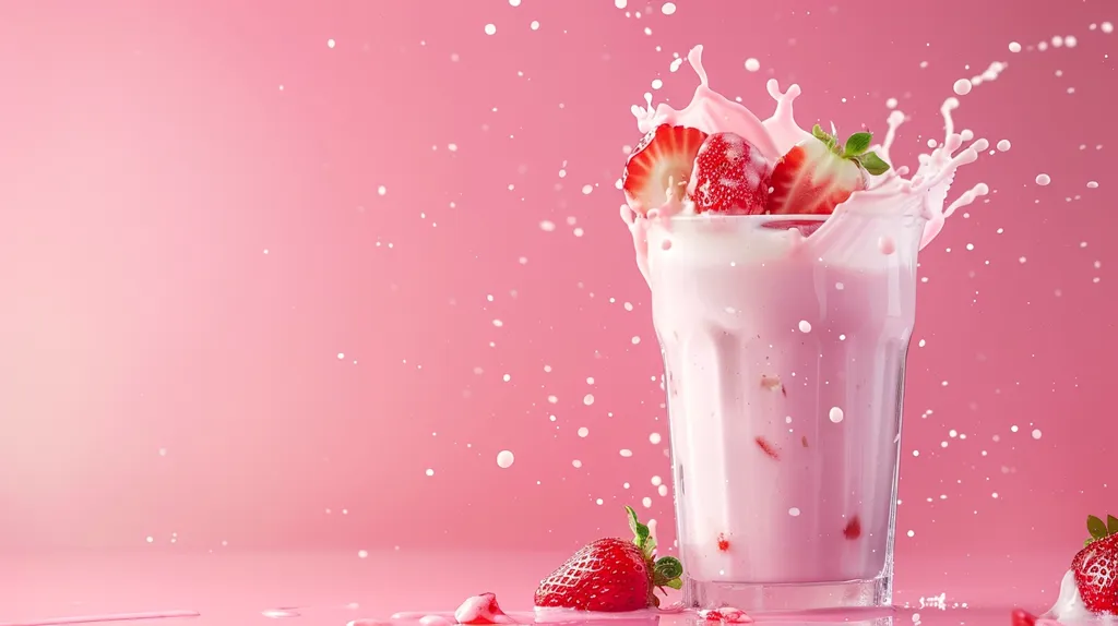 A glass of strawberry milk sits against a pink background. The milk is splashing and there are strawberries floating on top and on the counter. The image is bright and colorful and evokes a sense of refreshment.