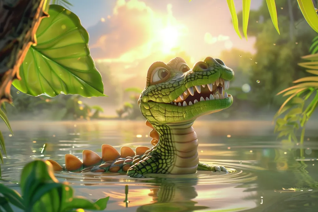 A cartoon crocodile with a toothy grin is partially submerged in a tranquil swamp. The sun shines brightly through the leaves, casting a warm glow over the scene. The crocodile's large, expressive eyes are filled with playful mischief. Its scales shimmer with a vibrant green hue, and its orange spikes create a charming contrast. The background is filled with lush greenery and glistening water droplets. This whimsical image evokes a sense of childhood wonder and adventure.
