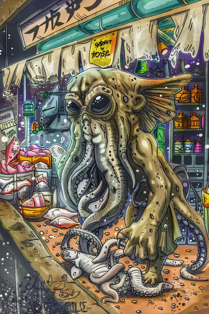 A cartoonish, humanoid octopus stands in a market stall, its tentacles reaching out to grab a fish. The octopus has a large, expressive face and large, round eyes. The stall is filled with fish, seaweed, and other seafood. A sign above the stall reads “Squidout or Try’sir.” The scene is rendered in a vibrant, comic book style.