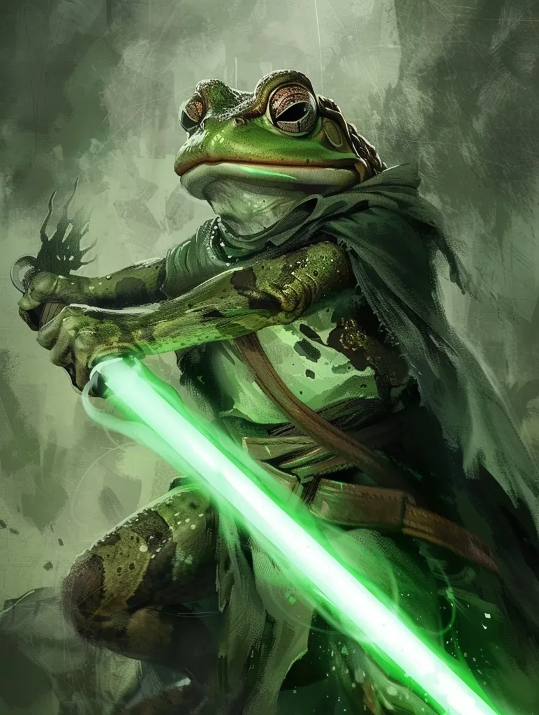 A green frog, wearing a dark green robe and holding a bright green lightsaber, stands in a green and brown forest. The frog's expression is serious and focused. Its hand is wrapped around the lightsaber's hilt, and it appears to be ready for battle. The background is a blurry green and brown, with swirling brushstrokes suggesting motion and energy.  The image is dramatic and whimsical, capturing the unlikely combination of a frog and a lightsaber.