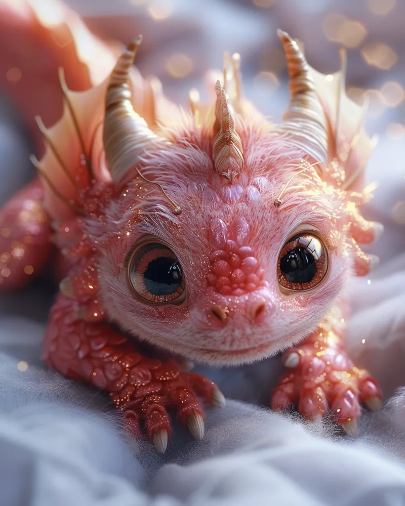 A close-up of a pink, furry dragon with large, innocent eyes. The dragon is lying on a soft, white surface and has gold horns and a spiky back. The dragon's skin is covered in glitter, and the image has a soft, dreamy quality.  The dragon's eyes are wide and expressive, making it look cute and playful. The image is likely from a fantasy or children's story.