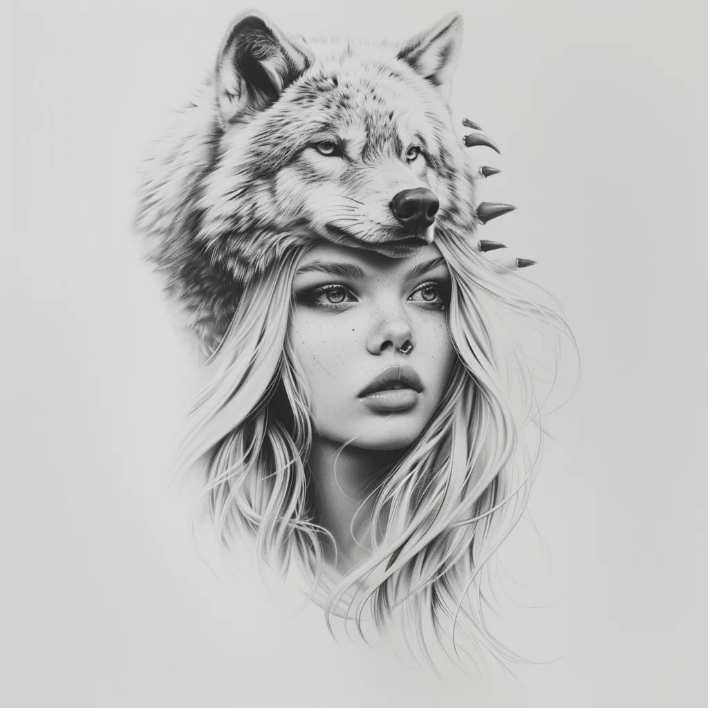 A black and white drawing of a woman with a wolf's head as a hat. The wolf's head is detailed and realistic, with a fierce expression. The woman's face is soft and delicate, her eyes are wide and her lips are slightly parted. Her hair is long and flowing, and she has a small nose ring. The image is rendered in a realistic style, with fine lines and subtle shading.  The woman's expression is one of thoughtful contemplation, perhaps reflecting the duality of her nature.