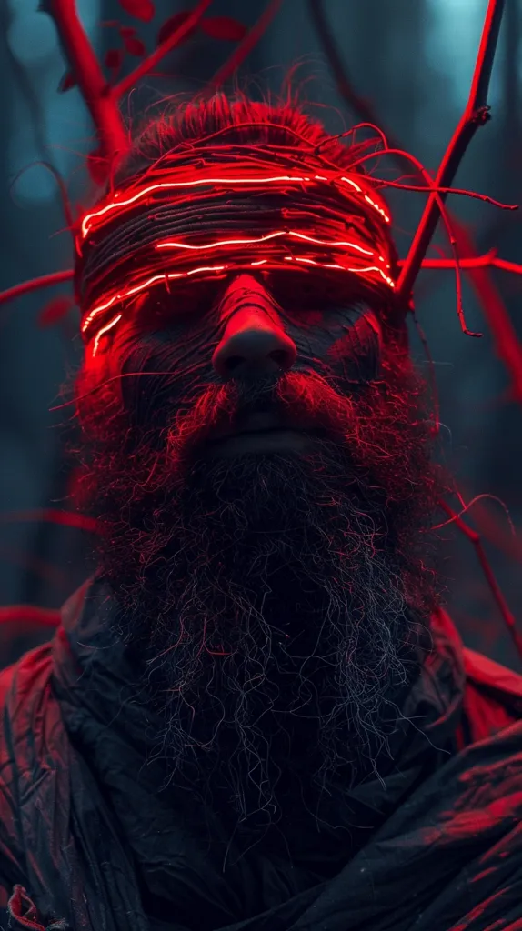 A man with a long beard and red glowing lines across his forehead stares intently at the camera. The image is dark and mysterious, with the man's face illuminated by the red glow. The background is blurred, giving the impression of a forest setting. The overall mood of the image is eerie and enigmatic.