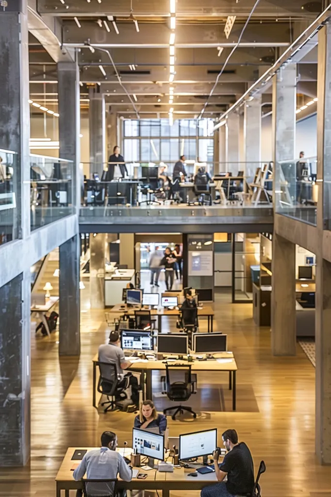 A modern office space with large windows and exposed concrete pillars. The office is divided into two levels, with a glass railing separating them. The lower level is filled with rows of desks and computer monitors, while the upper level has a more open layout with a few desks and chairs. There are a few people working in the office, and the overall atmosphere is bright and airy.  The image emphasizes the openness and contemporary design of the office.