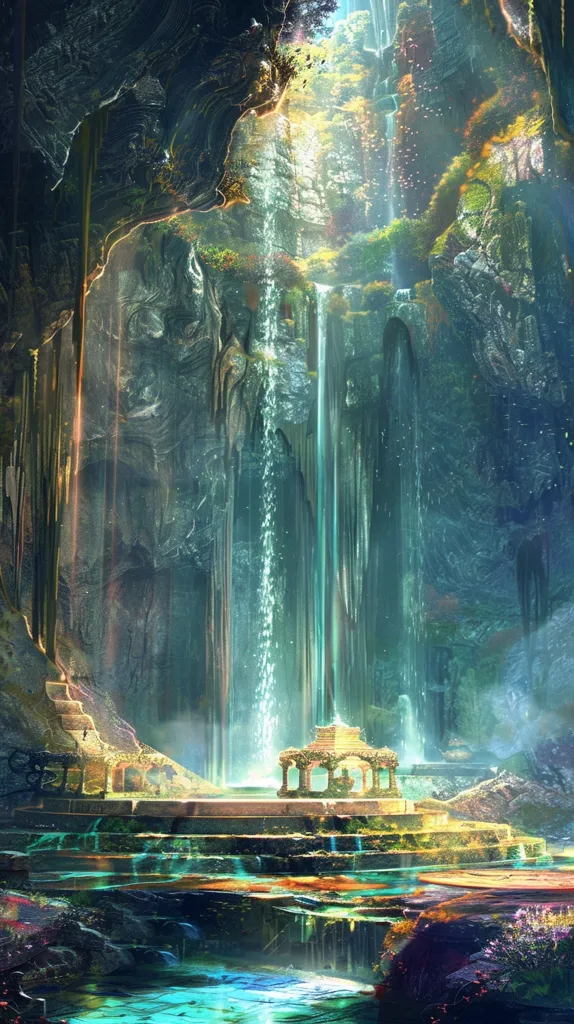 A magical, lush jungle scene with cascading waterfalls pouring down rock formations. A small temple sits at the base of the falls, surrounded by vibrant greenery. Light filters through the trees, illuminating the mist and casting a glow on the stone steps leading to the temple. The air feels cool and refreshing, with a sense of serenity and mystery.
