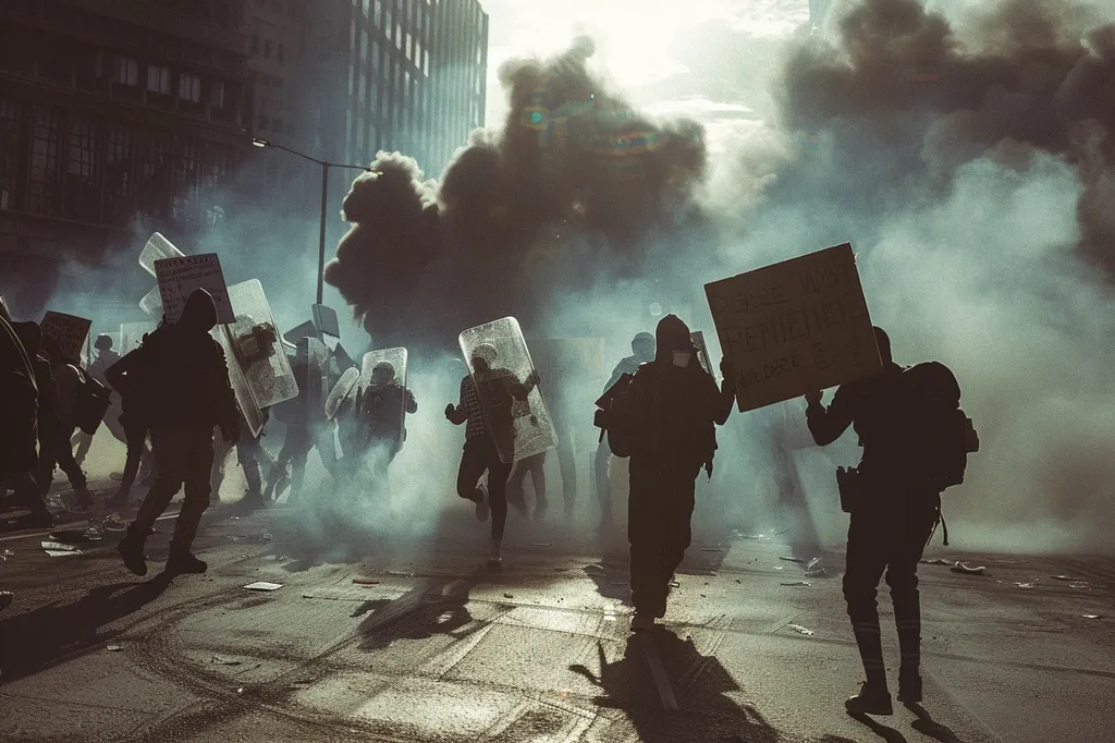 A group of people are walking down a street, shrouded in smoke and dust. The figures are silhouetted against the smoky background, making it difficult to make out their features. Some carry shields and others hold signs, suggesting a protest or confrontation. The scene is filled with tension and uncertainty, with the smoke billowing around the figures as they walk forward. The overall atmosphere is dark and foreboding, highlighting the potential for violence and unrest.