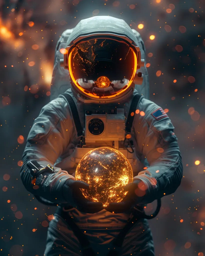 An astronaut in a white spacesuit and helmet with an orange visor holds a glowing orb in front of them. The orb is filled with bright, flickering lights and appears to be a miniature galaxy. The astronaut is standing in front of a dark, space-like background with a scattering of bright orange sparks. The image has a futuristic and ethereal feel.