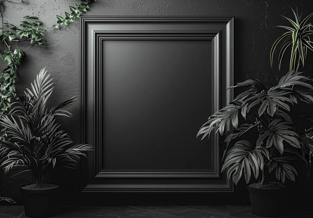 A large black picture frame hangs against a dark wall, its ornate molding adding depth. A potted plant with broad leaves stands to the right of the frame, while a smaller plant with delicate fronds is positioned to the left. The dark backdrop and subtle lighting create a minimalist, almost gothic aesthetic.