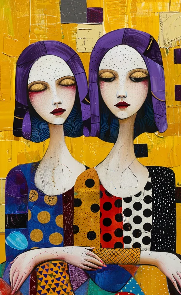 The painting features two women with long, purple hair and closed eyes, their faces painted in a style reminiscent of porcelain dolls. They wear brightly colored clothing with polka dots, geometric patterns, and intricate details, against a bold yellow background.  The painting's vibrant colors and playful patterns create a whimsical and charming atmosphere.