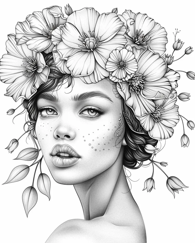 A black and white pencil drawing of a woman with a crown of flowers on her head. Her face is delicately drawn, with freckles and a soft expression. The flowers are detailed and intricate, adding a touch of elegance to the piece. The drawing has a dreamy and ethereal quality, with a focus on the woman's beauty and the delicate nature of the flowers.