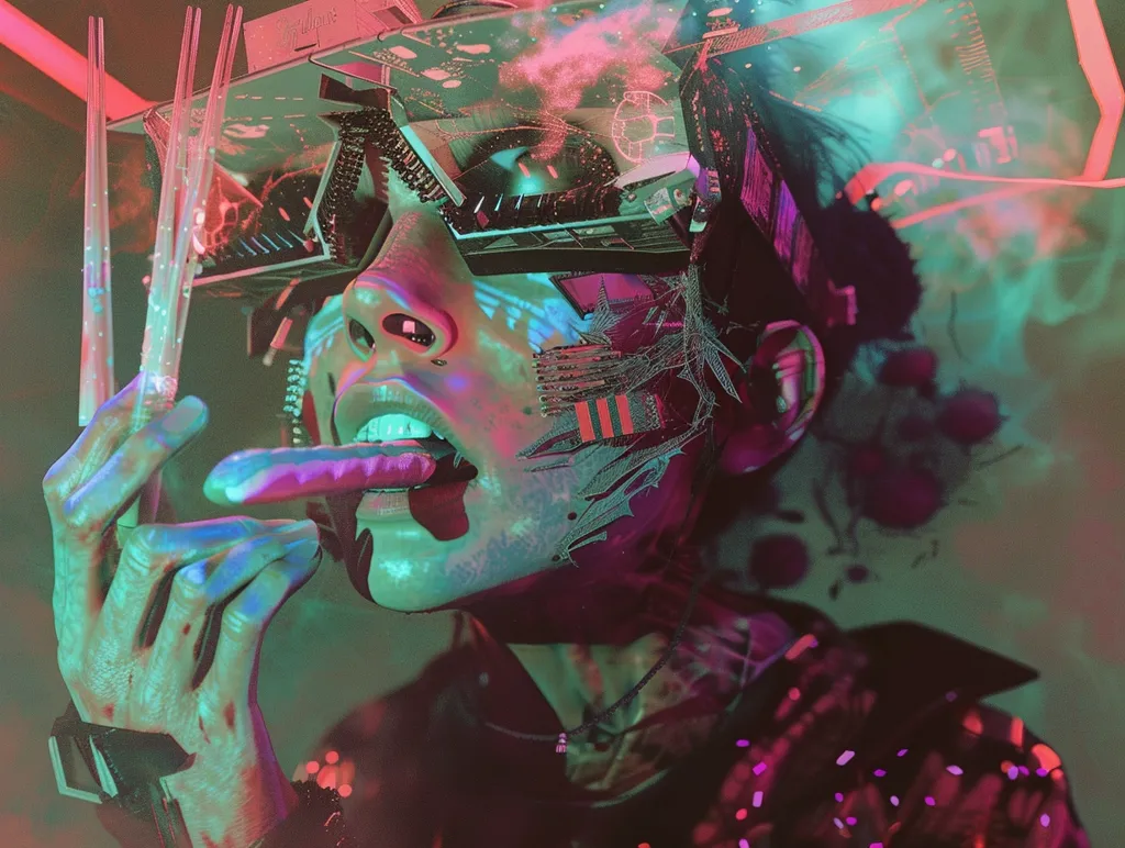 A person with glowing blue and pink skin wears a futuristic headset with glowing lights.  Their mouth is slightly open, showing their tongue.  The image is set against a backdrop of a green and pink vaporous haze. The overall effect is one of otherworldly beauty and mystery.