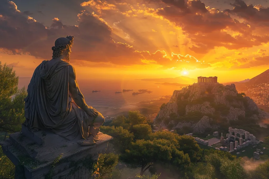 A solitary stone statue sits perched on a cliff overlooking a breathtaking sunset. The golden rays illuminate a distant temple on a rocky hilltop, surrounded by a lush forest and a shimmering sea.  The scene evokes a sense of peace, grandeur, and the passage of time.