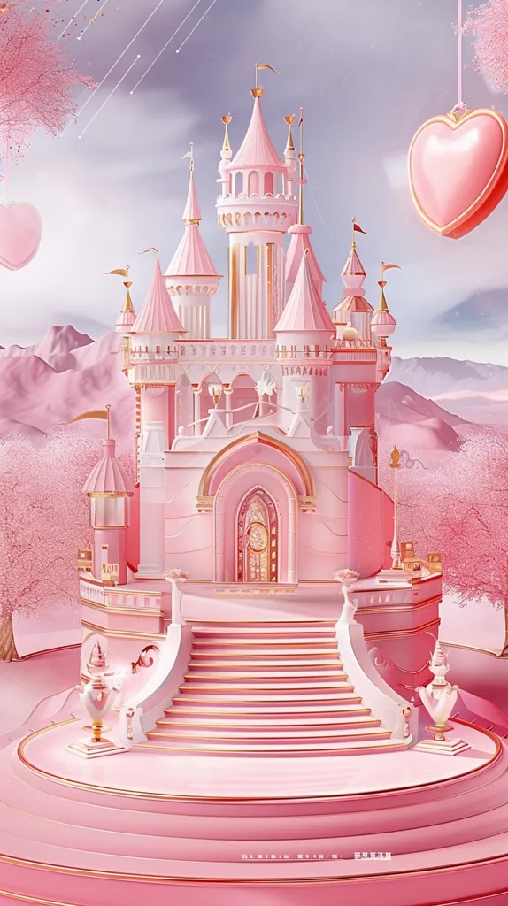 A whimsical pink castle with gold accents stands majestically on a pastel pink platform. A grand staircase leads to the castle's entrance, adorned with ornate details. A giant pink heart hangs in the sky, adding a touch of romance to the scene. Delicate pink flowers bloom in the foreground, completing the fairytale setting. The image evokes a sense of wonder and enchantment.
