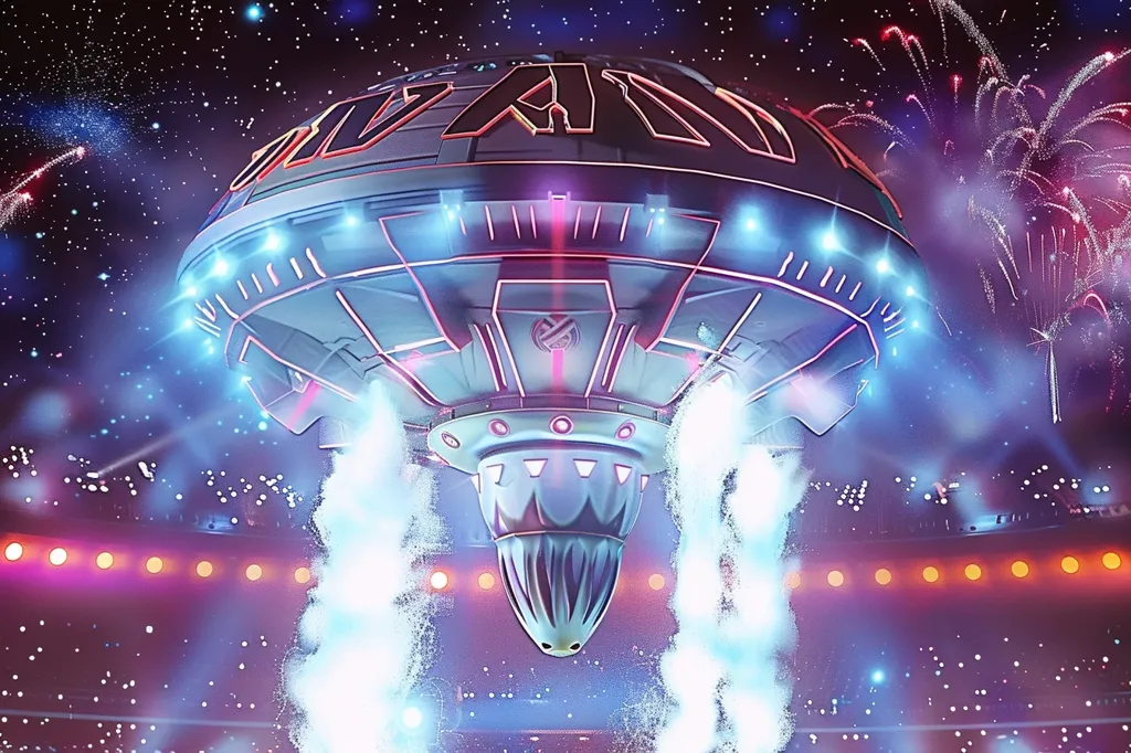 A futuristic, flying vehicle hovers over a large stadium. It is a large, circular object with glowing lights and a complex design. The vehicle is emitting clouds of vapor, creating a dramatic effect. The stadium is filled with spectators and the night sky is illuminated with fireworks. The scene is bright and exciting.
