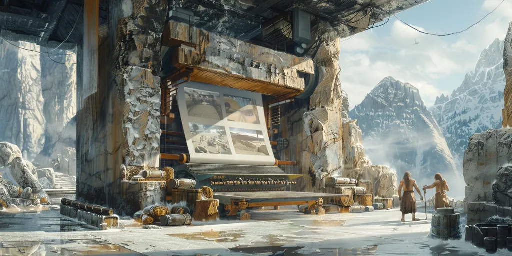 Two figures stand on a snowy platform, overlooking a vast mountain range. An ancient-looking structure with a large scroll displaying images of landscapes stands in front of them. The building is carved into the mountainside, with stone pillars and intricate carvings. The scene has a mystical and ethereal quality.