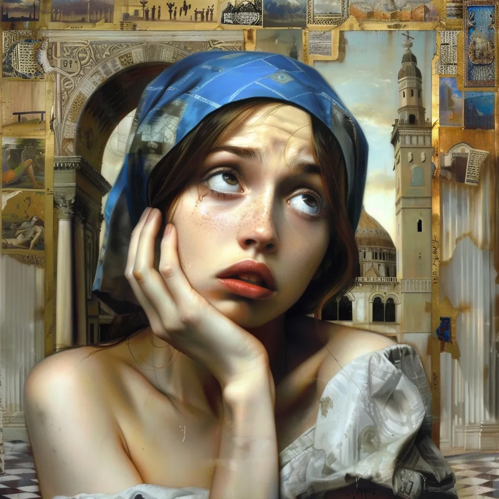 A young woman with a blue headscarf gazes pensively at a distant building, her hand resting on her cheek. She wears a simple white dress and her face bears a thoughtful expression. The background is a collage of architectural details and scenes, suggesting a complex and layered story. The overall tone is contemplative and slightly melancholic.