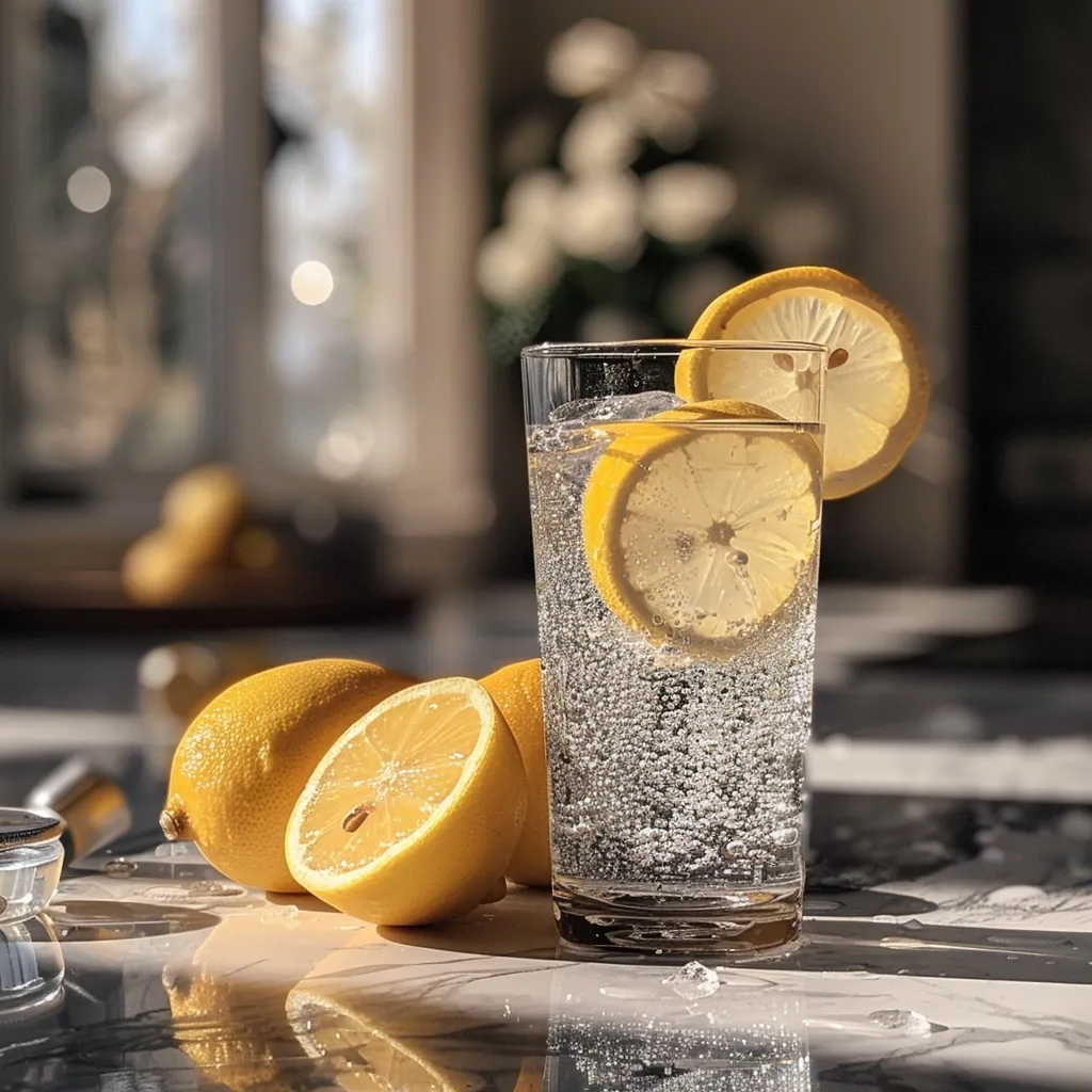 A tall glass filled with sparkling water and lemon slices rests on a white marble countertop. Three whole lemons, one cut in half, lie beside the glass. Sunlight streams through a window in the background. The scene suggests a refreshing summer drink.