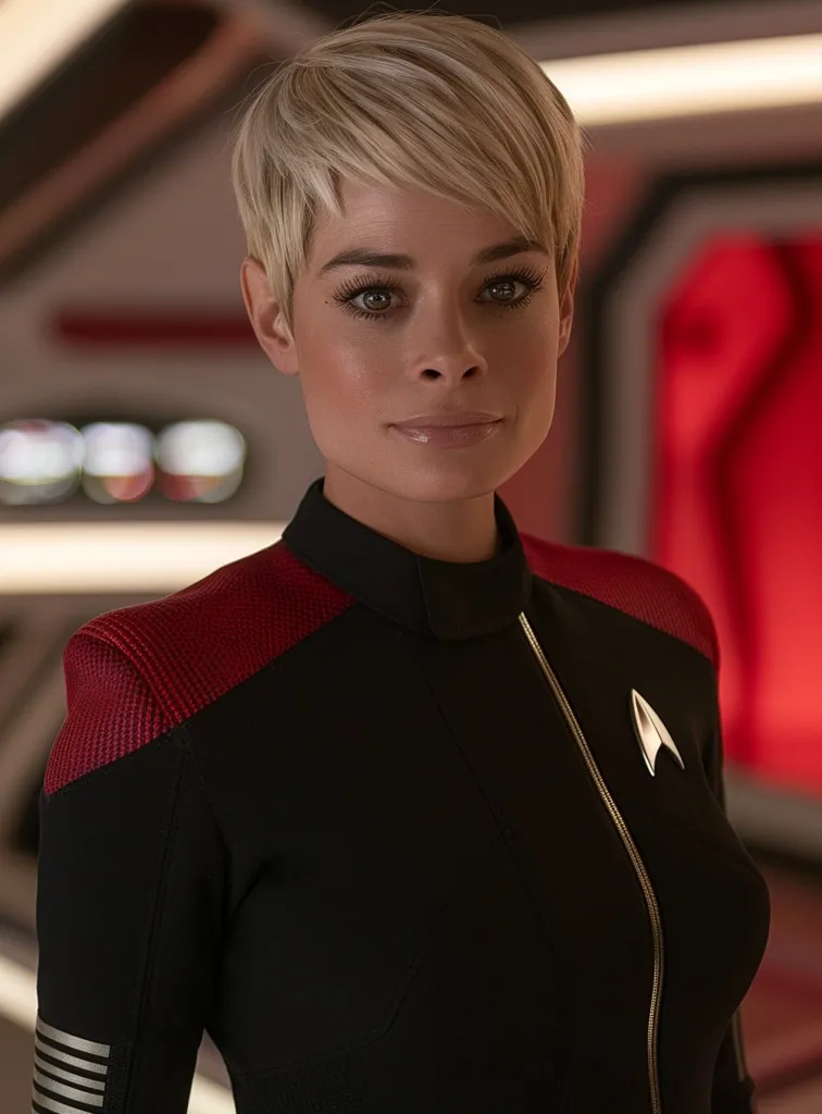 A woman with short blonde hair is wearing a black and red Starfleet uniform. She is looking directly at the camera with a serious expression.  The background is blurred, showing the interior of a futuristic spaceship. A Starfleet insignia is visible on her uniform.