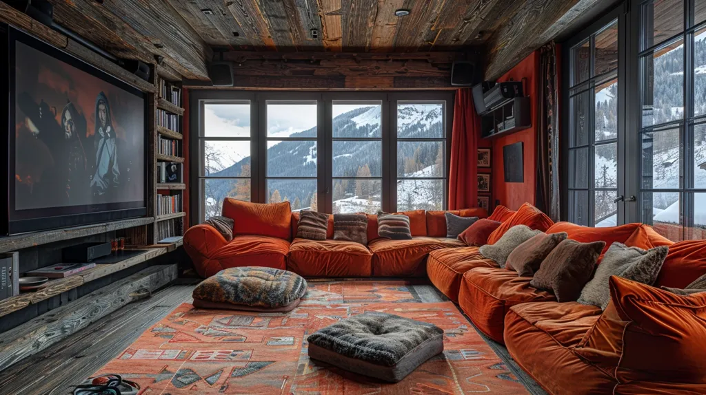 A cozy living room with a rustic wooden ceiling and a large sectional sofa in a deep orange hue. The room features a large window with views of a snowy mountain landscape, creating a stunning backdrop. The sofa is adorned with an assortment of throw pillows, and an intricate area rug adds a touch of warmth and pattern to the floor. A flat-screen TV sits on a rustic wooden shelf, offering entertainment options for relaxation. The overall ambiance is inviting and comfortable, perfect for enjoying a movie night or simply unwinding with a good book.