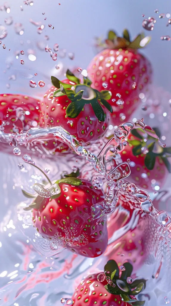 Four ripe strawberries are submerged in water, creating a splash of water droplets. The strawberries are red and juicy, with green leaves. The water is clear and sparkling. The background is a soft blue.  The image is vibrant and refreshing.