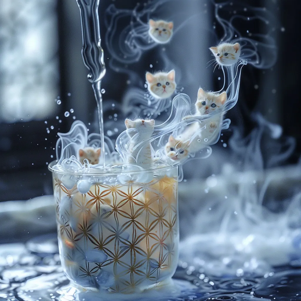 A glass cup with a geometric pattern is filled with a cloudy liquid, with several small white kittens suspended inside. The kittens are partially obscured by the swirling cloud, giving the illusion that they are floating. The scene is lit with a soft, ethereal glow.  The background is a blurred, out-of-focus image of a watery surface.