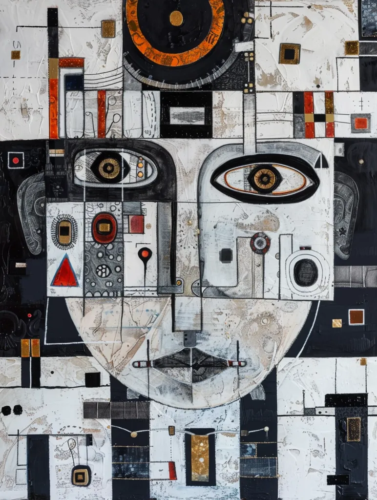 A mixed media abstract painting in black, white, and gold tones depicting a stylized human face. The face is made up of geometric shapes, including squares, circles, and rectangles. There are two large eyes with gold irises, and a small red triangle for a nose. The background is a grid of black and white lines and squares. The piece evokes a sense of mystery and intrigue.