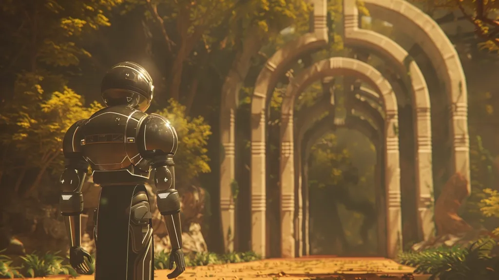 A humanoid robot, clad in black armor with glowing blue accents, stands before a series of archways constructed from white stone. The arches are set in a lush, green forest, with golden sunlight filtering through the trees. The robot's back is turned, gazing towards the path that leads into the mysterious arches. The scene suggests a sense of exploration and wonder.