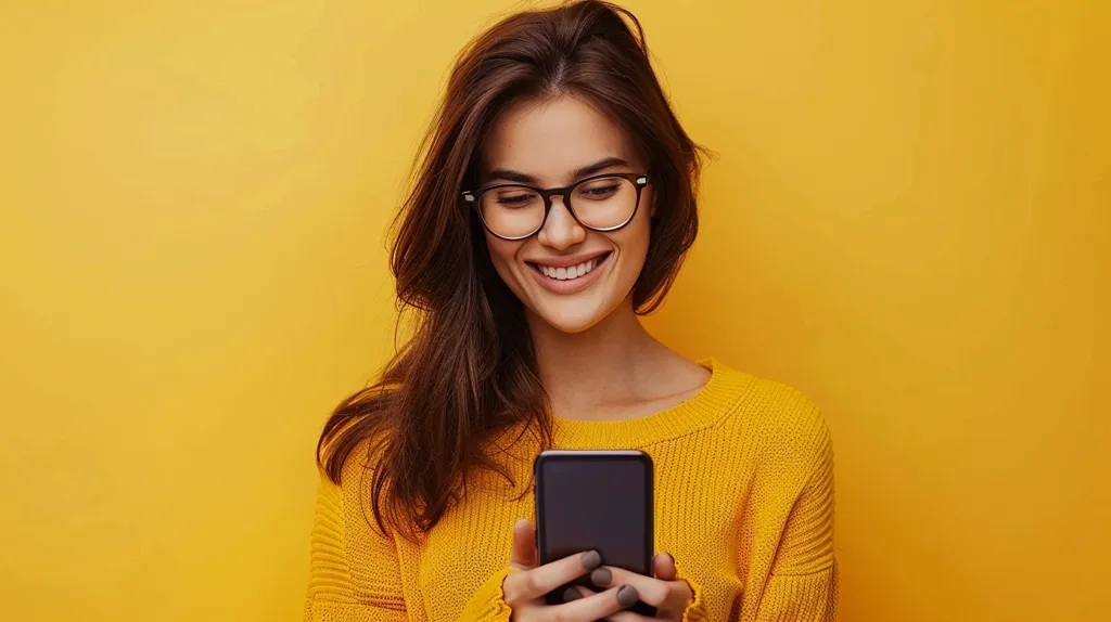 A young woman with long brown hair is wearing a yellow sweater and glasses. She is smiling as she looks down at her phone, which she is holding in both hands. The background is a bright yellow. She appears to be happy and engaged with whatever she is looking at on her phone.