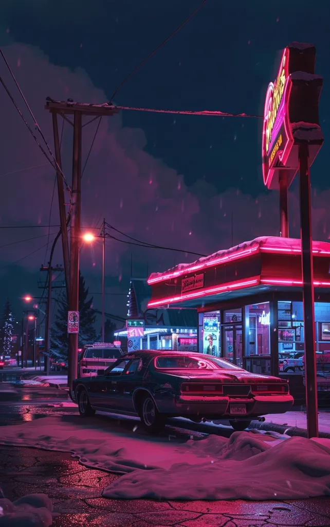 A classic car sits in front of a diner under a snowy sky. Neon signs illuminate the building and the car. The street is wet and the snow is melting. The diner has a red awning and windows showing lights inside.  There are power lines overhead, and the scene is bathed in a pink hue.  The overall atmosphere is nostalgic and a little bit mysterious.
