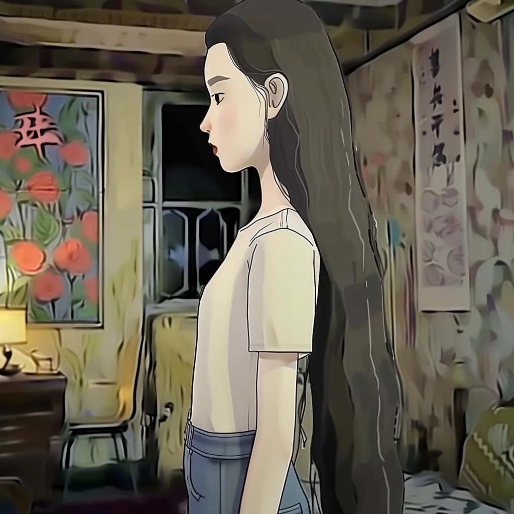 The image is an anime-style illustration of a young woman with long black hair standing in a room. She is wearing a white t-shirt and blue jeans. The room is decorated with a painting of red flowers on the wall and a window with a view of the outside. The woman's face is turned to the side and she has a thoughtful expression. The overall mood of the image is one of quiet contemplation.  The image is drawn in a soft and delicate style.  The woman appears to be in her late teens or early twenties.