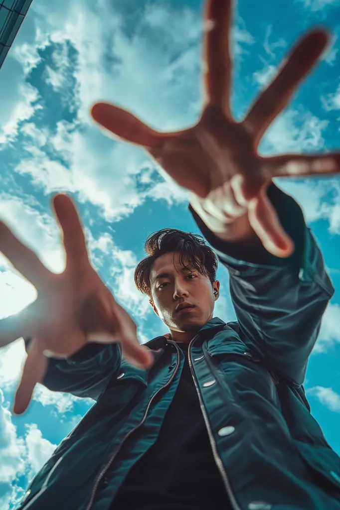 A young man wearing a dark green jacket stands with his arms outstretched towards the sky. The camera is positioned directly below him, creating a unique perspective. His face is serious, and his eyes are focused on something beyond the frame. The background is a bright blue sky with fluffy white clouds. The overall image is dynamic and captures a sense of energy and anticipation.