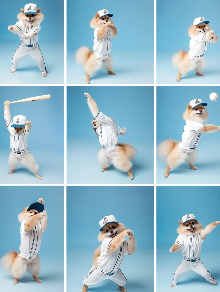 A collection of nine images showcases a fluffy dog dressed in a baseball uniform. The dog strikes various poses, including holding a bat, throwing a ball, and standing in a batting stance. The images are taken against a light blue background, creating a playful and energetic mood.  The dog's expressive face and enthusiastic poses highlight its love for the game.