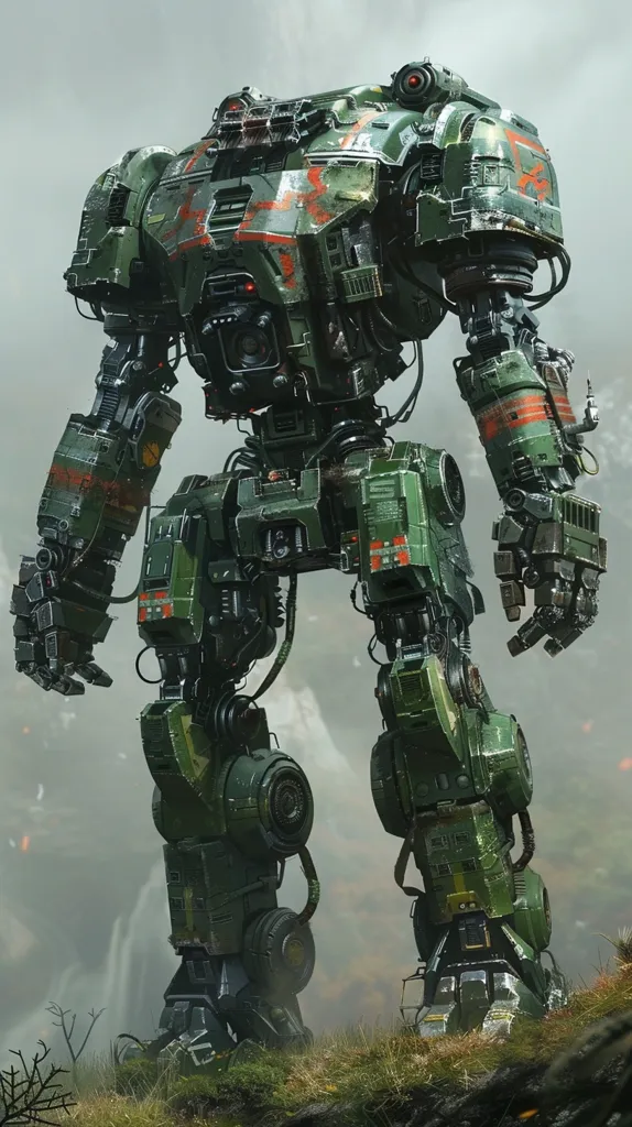 A massive, green and black robotic figure stands against a misty, grey background. The robot's design is intricate and detailed, with visible pipes, wires, and gears. Its stance is powerful and imposing, conveying a sense of strength and resilience. The robot's presence suggests a technological advancement, perhaps hinting at a future filled with both promise and uncertainty.