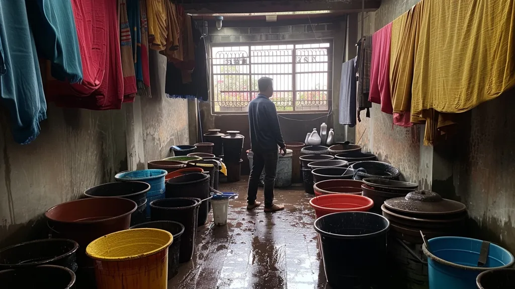 A man stands in the middle of a room filled with buckets of water. The room is cluttered and has a window with a view of trees. The walls are lined with hanging colorful fabric. The floor is wet and reflects the light. The scene is a glimpse into a busy and functional space.