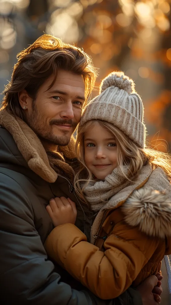 A man and a young girl are bundled up in warm clothing, their faces close together. The girl wears a knitted hat and scarf, her eyes bright and filled with warmth. The man's smile is gentle and loving, his arm wrapped around the girl. The background is blurred, creating a soft focus on the two figures. The image conveys a sense of love, warmth, and closeness.