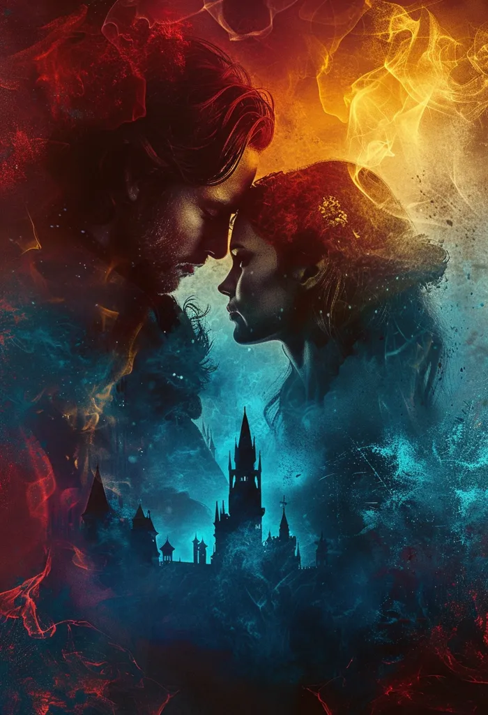 The image is a dark and romantic fantasy scene. It features a man and a woman silhouetted against a backdrop of a large, imposing castle, with an ominous, swirling background of red and blue flames.  The couple is gazing at each other, their foreheads almost touching. The castle towers ominously in the background. The overall atmosphere is one of love, mystery, and foreboding.  The contrasting colors, red and blue, make a vibrant and impactful composition.